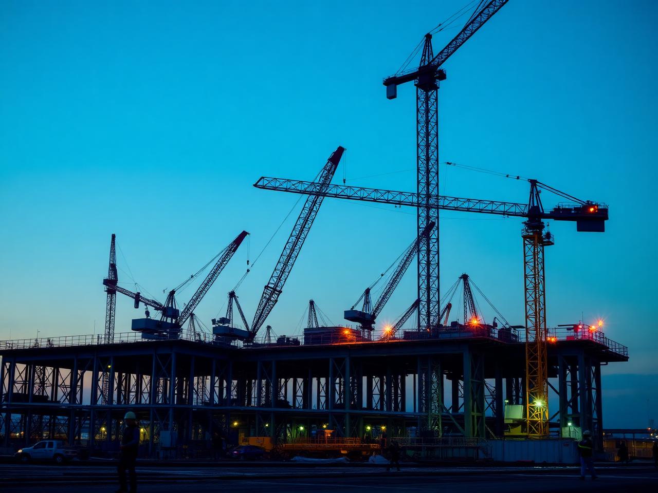 Industrial construction site with cranes and steel structures at dusk